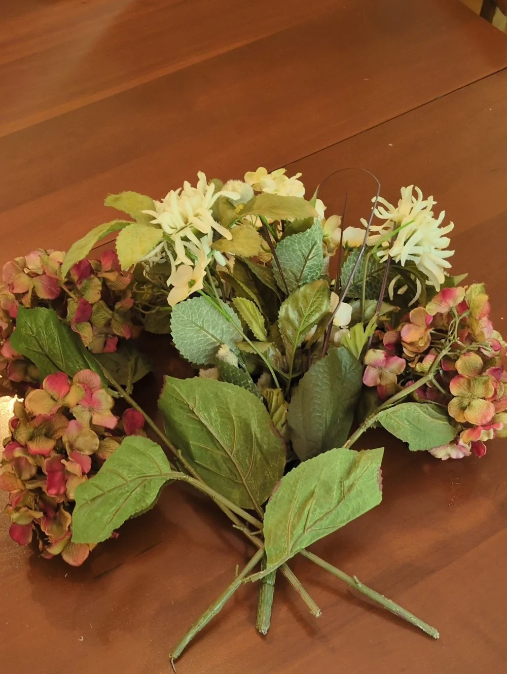 Faux Silk Hydrangeas & Chrysanthemum Bunch Salmon Pink Cream Green Antique Look